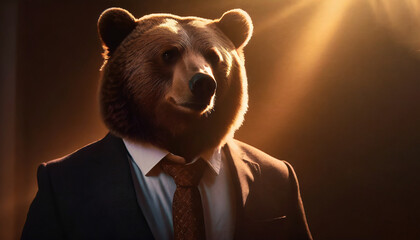 Full face brown bear portrait in a business suit in cinematic golden light rays, invest strategy concept illustration