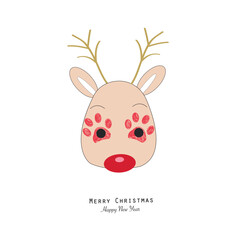 Deer with doodle paw prints. Merry Christmas Happy new year greeting card