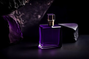 elegant  purple perfume flacon in  black stone slab background