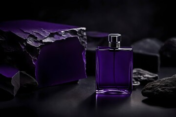 elegant  purple perfume flacon in  black stone slab background