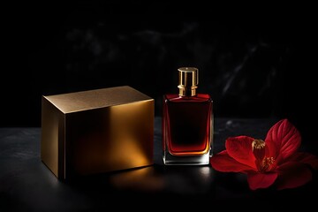 dark red perfume  on inimal black stone background
