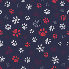 Paw prints with paw prints seamless pattern with navy background