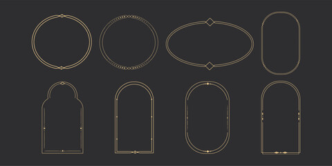 Set Golden celestial frames, borders, oval, circle and arch line art esoteric minimal decoration with sparkles isolated on dark background.