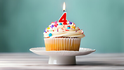 Birthday cupcake with lit birthday candle Number four for four years or quarter anniversary