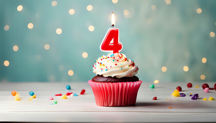Birthday cupcake with lit birthday candle Number four for four years or quarter anniversary - obrazy, fototapety, plakaty