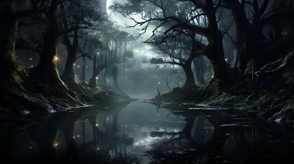 An enchanted forest in the moonlight