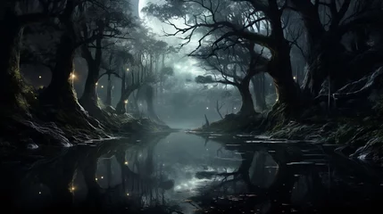 Foto op Plexiglas An enchanted forest in the moonlight © NoreenCreation