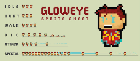 pixel art style illustration vector 8 bit 8-bit character set retro design game aseprite vintage gloweye character fight animation set hit kick walk die idle