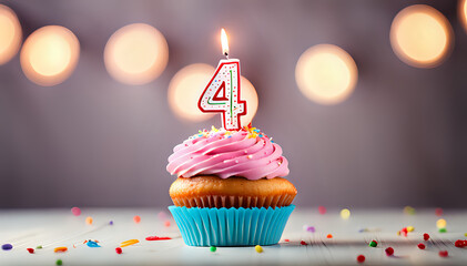 Birthday cupcake with lit birthday candle Number four for four years or quarter anniversary