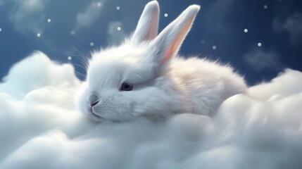 white rabbit sleeping on a cloud with a blue sky background