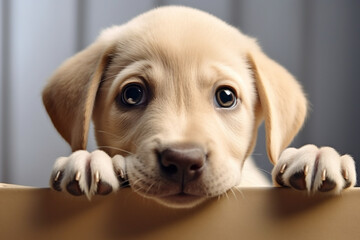 Cute portrait of Labrador Puppy crawls out of a paper box