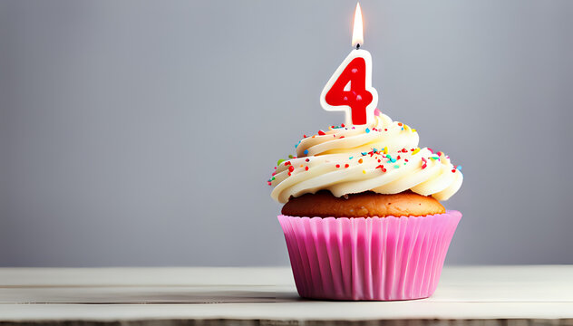 Birthday cupcake with lit birthday candle Number four for four years or quarter anniversary