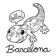 Illustration in black and white of a salamander made of modernist mosaic, souvenir from Barcelona. Coloring page