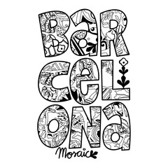 Illustration in black and white of the word Barcelona made in modernist mosaic, souvenir of Barcelona. Coloring page
