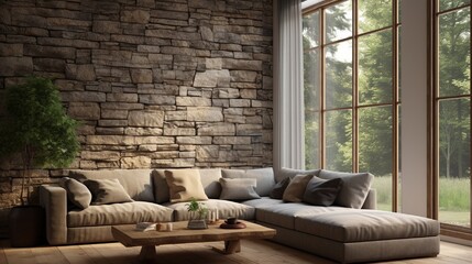 Corner sofa against the window in a room with stone cladding walls 