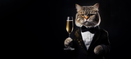 New Year's Eve, Sylvester, New Year or birthday party celebration greeting card - Cat with suit, bow tie and champagne glass, champagne cheers during a celebration, isolated on black background.