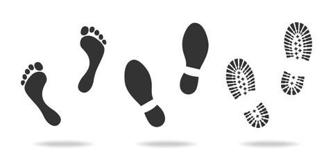 Footprints human icon set. Man footprints in shoe and barefoot. Graphic signs isolated on white background. Vector illustration - obrazy, fototapety, plakaty