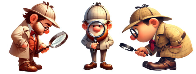 A set of 3 cartoon detectives searching for clues on a transparent background - obrazy, fototapety, plakaty