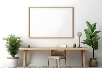 Minimal and comfort home working space interior with wooden furniture, copy space for montage on wooden table and blank frame on white wall. 3d rendering. Generative Ai.