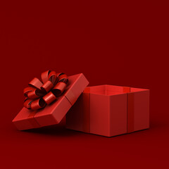 All red gift box open or red present box with red ribbon bow isolated on dark red background with shadow minimal conceptuals for christmas and valentines day 3D rendering