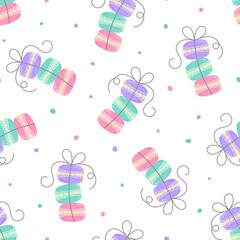 Seamless pattern with stack of macarons tired with a ribbon on white background. Sweet, dessert, candy, bakery or cafe theme. French food wallpaper in pastel colours. Vector illustration.
