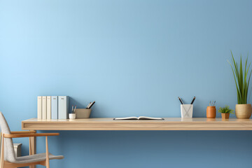 Office creative desk with supplies, and blue wall. Generative Ai. - obrazy, fototapety, plakaty