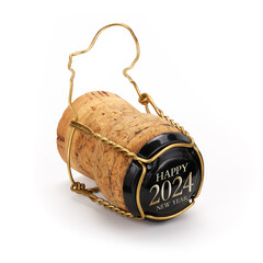 Champagne cork isolated on white background. Happy new year and 2024 text on black cap. Includes clipping path.