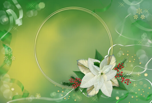 Festive winter greeting background in fresh green - yellow colors with round frame ,decorated with white poinsettia flower, pine tree twigs and red berries and wavy ribbons. Free copy space