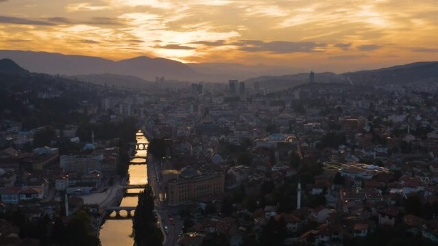 Aerial view of sunset in Sarajevo the capital of Bosnia and Herzegovina