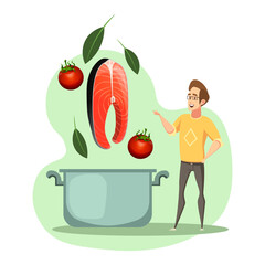 
Set of healthy lifestyle illustrations. A man prepares healthy food. Set of food, fish steak, tomatoes, herbs, pan. Vector