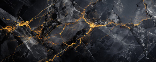 Black marble texture background, wide banner with pattern of gold line in dark rock. Abstract...