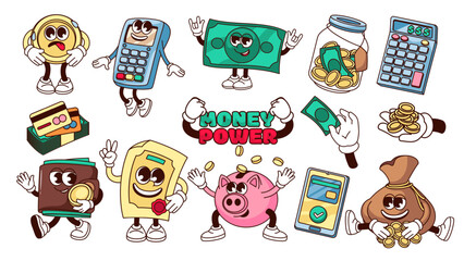 Groovy money set vector illustration. Cartoon isolated retro stickers of funny gold coins and dollar banknotes characters, comic piggy bank and bag, jar with currency to invest, pay or save money © setory