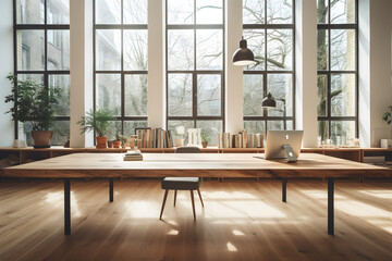 Wooden table in sunny office with big windows. Generative Ai.