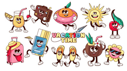 Groovy summer travel vacation stickers set vector illustration. Cartoon isolated retro tropical beach party collection, suitcase and summer drink, fruit and sun character with cute face, arms and legs