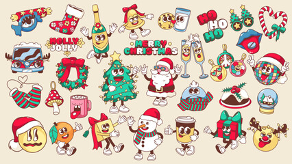 Christmas retro groovy stickers set vector illustration. Cartoon isolated funny Santa and snowman characters, Christmas Tree and trippy emoji, cute psychedelic gifts for hippie winter holidays
