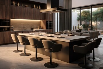 Beautiful kitchen in luxury modern contemporary home interior with island and chairs