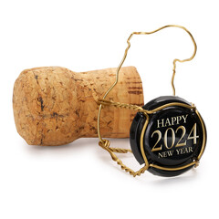 Champagne cork isolated on white background. Happy new year and 2024 text on black cap. Includes...