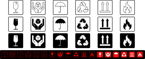 packaging and warning symbol set in Black, white and red color for print flat style icons with frame and outline. Fragile, Handle with care, keep dry, Recycle, This way up, flammable signs