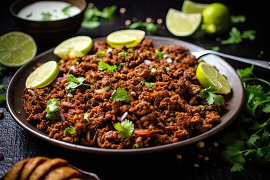 Fried traditional ground beef kim fry, North Indian Pakistani cuisine