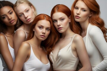 Fototapeta premium Portrait of beautiful mixed group of multicultural diversity people, international students or friends, Female models with red and brunette hair.