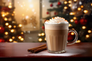 Christmas cappuccino on a background of Christmas trees. AI generative.