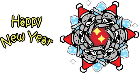 Happy New Year lettering. Kittens in the form of snowflakes. cartoon style. Vector illustration, postcard, decor, materials for printing.