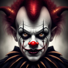 Atmospheric portrait of a sinister scary whiteface circus clown.  Generative AI