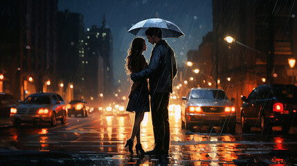 cute couple standing under rain holding umbrella in romantic way in night at city with fast line cars in background - obrazy, fototapety, plakaty
