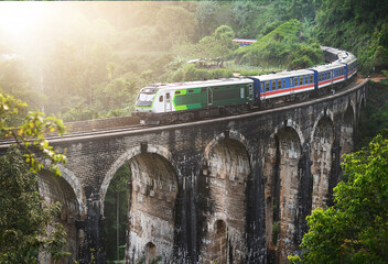 Blue train goes through jungle. Nine arch bridge, Demodara, Sri Lanka. Old bridge in Ceylon. Nine Arches Bridge from above, Sri Lanka. - obrazy, fototapety, plakaty