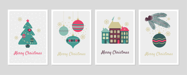 Christmas cards set simple minimal style. Vector illustration of greeting designs in flat cartoon style with set of decorative elements.