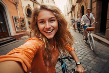Beautiful young woman riding a bike in old town