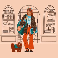 Young girl with dog near the bookstore