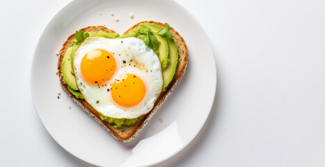 A fried egg with avocado on a heart shaped slice of toast