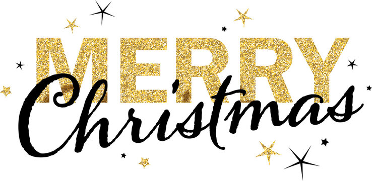 MERRY CHRISTMAS vector gold glitter typography banner with gold and black stars on transparent background